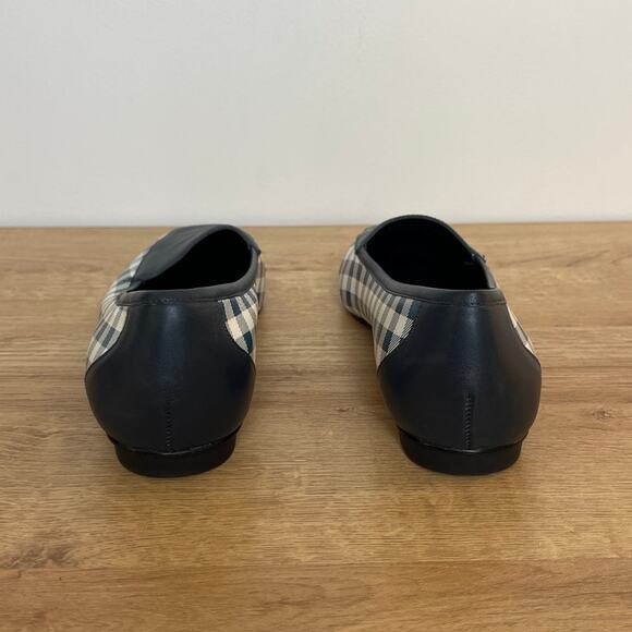 Donald Pliner Blue Gingham Plaid Square Toe Leather Loafers Sz 7.5 Slip On Prep - Picture 5 of 7